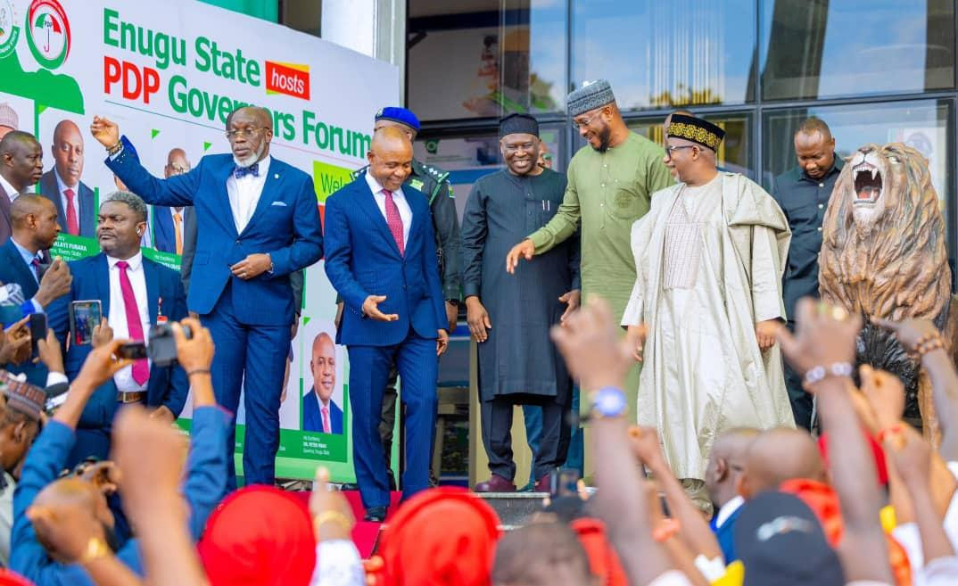 Enugu hosts a meeting of the PDP Governors’ Forum attended by Bala Mohammed, Fubara, Makinde, and six others