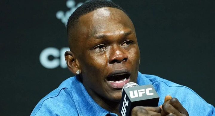 Israel Adesanya gets emotional and storms off stage following remarks by Dricus du Plessis about his family made at the UFC 305 press conference ahead of the title clash