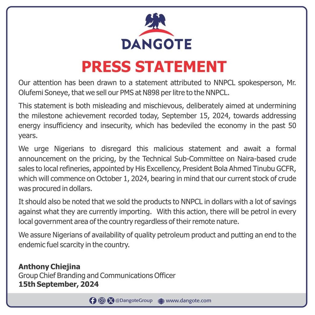 Dangote Refinery Group Denies PMS Pricing Allegations