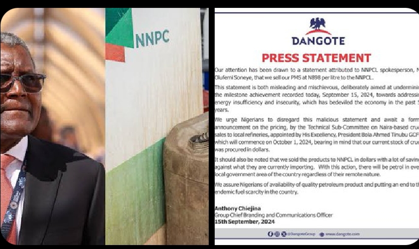 BREAKING: Dangote Refinery denies selling fuel to NNPC at N898/L, stating that the statement is “both misleading and mischievous, deliberately